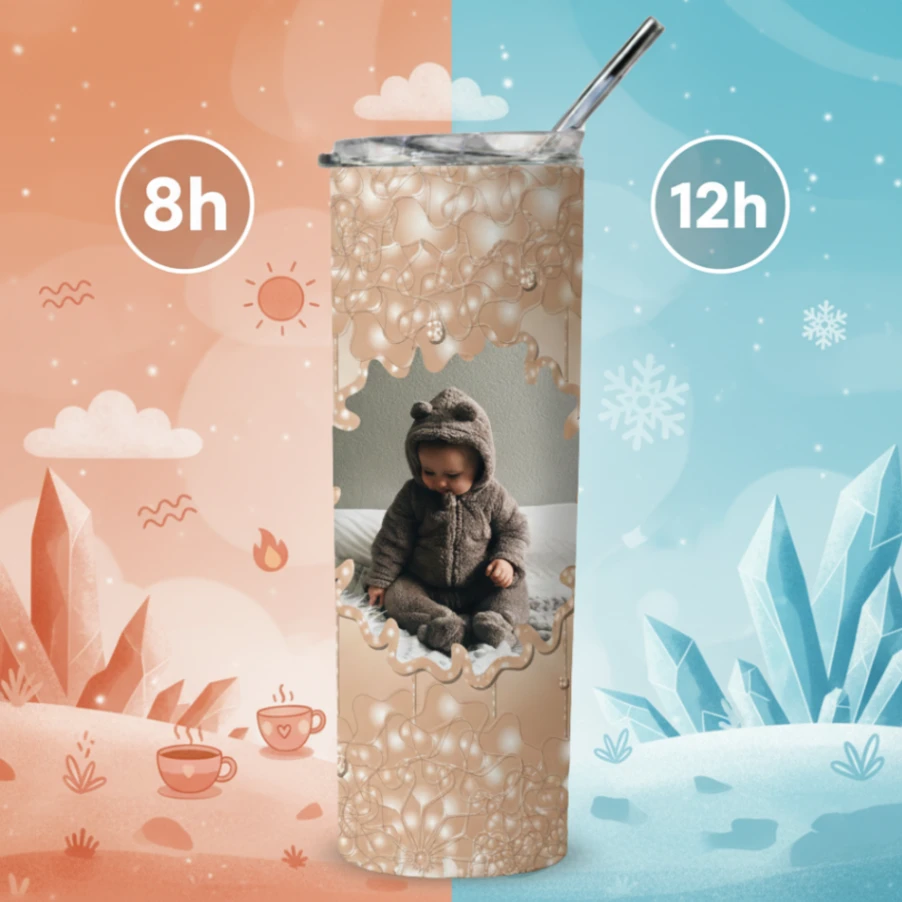 Tumbler Personnalisé avec Photo - Design Dentelle Coulante 3D - Double Paroi Inox, Couvercle & Paille Inclus