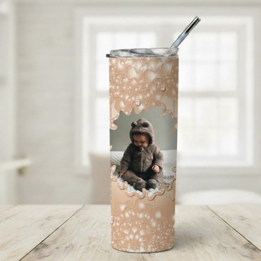 Tumbler Personnalisé avec Photo - Design Dentelle Coulante 3D - Double Paroi Inox, Couvercle & Paille Inclus