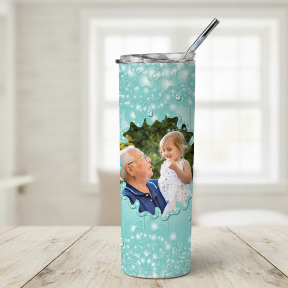 Tumbler Personnalisé avec Photo - Design Dentelle Coulante 3D - Double Paroi Inox, Couvercle & Paille Inclus