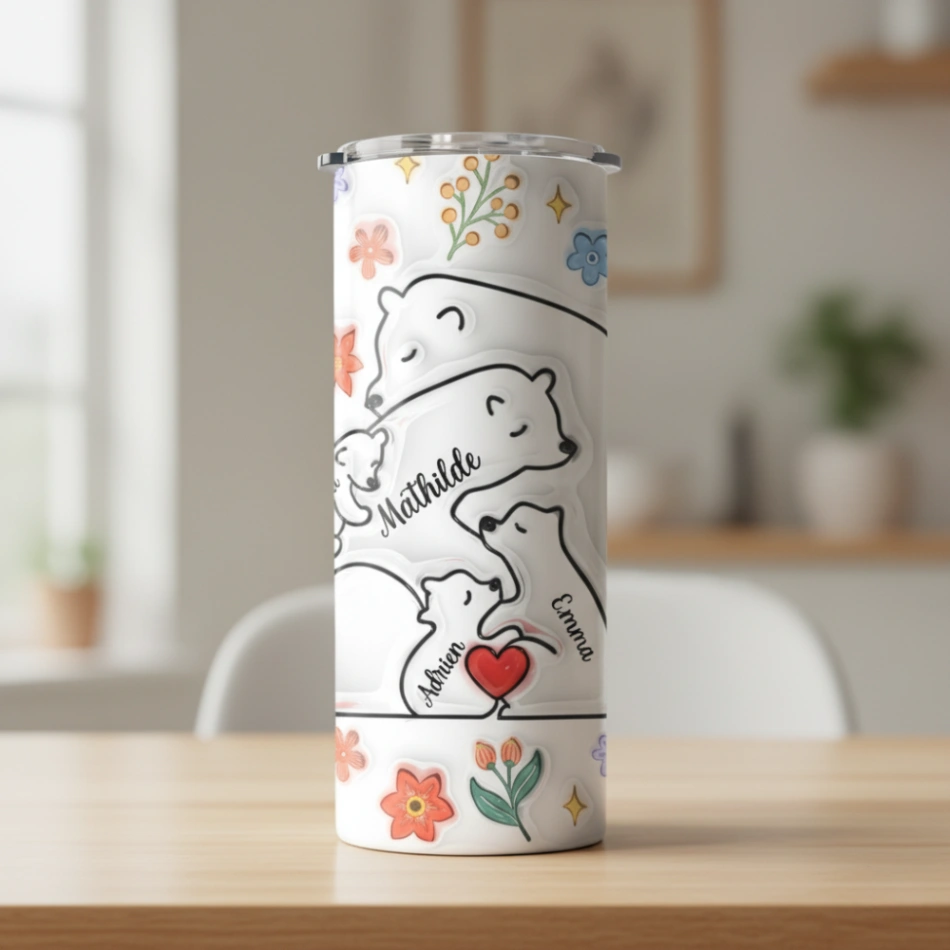 Tumbler Personnalisé Famille d’Ours – Jusqu’à 7 Noms – Gobelet Isotherme Inox avec Couvercle Transparent