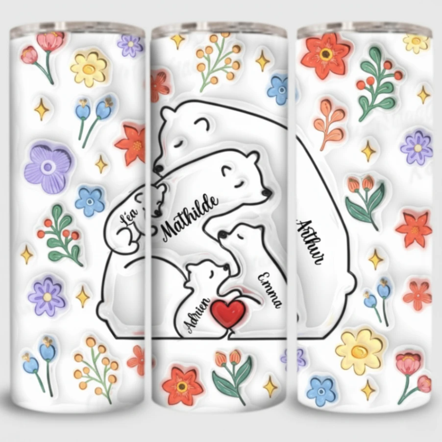 Tumbler Personnalisé Famille d’Ours – Jusqu’à 7 Noms – Gobelet Isotherme Inox avec Couvercle Transparent