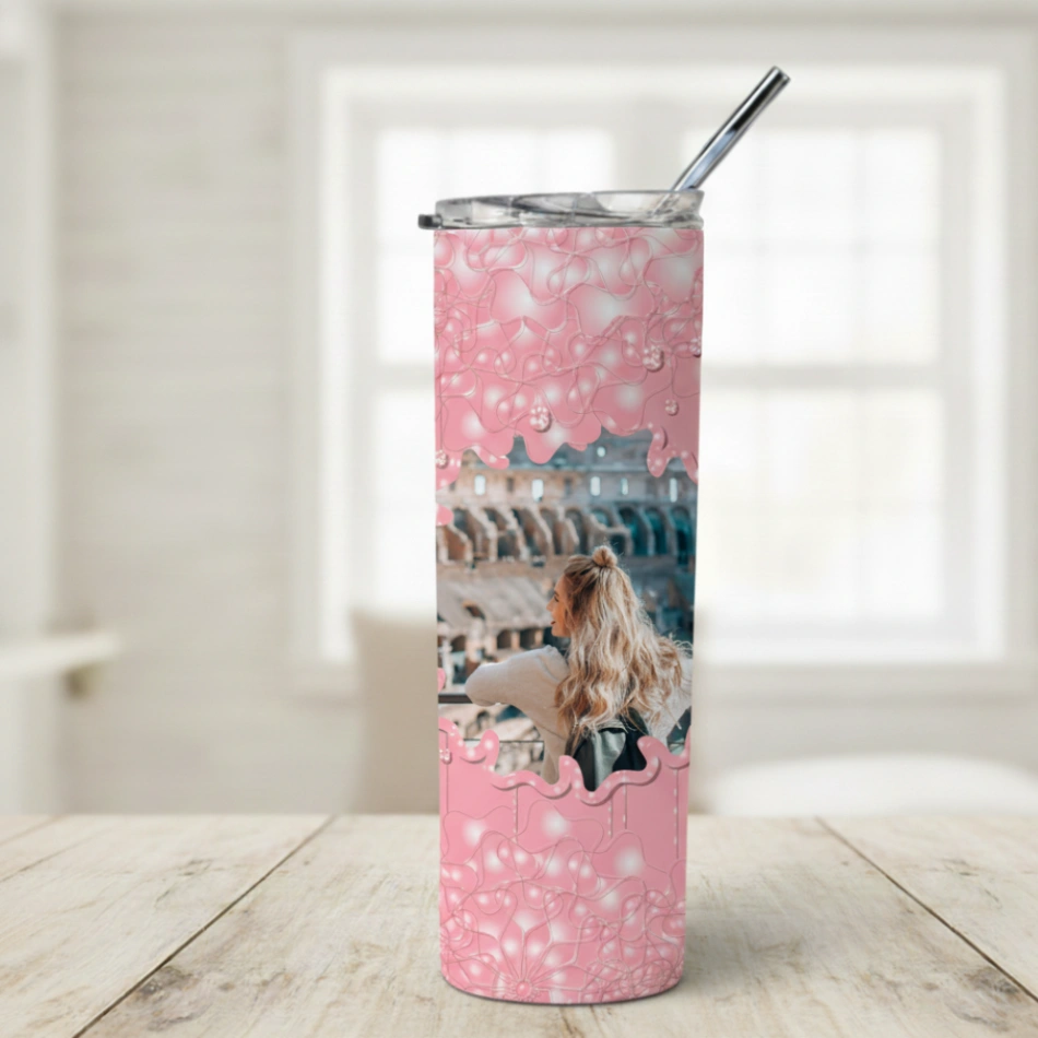 Tumbler Personnalisé avec Photo - Design Dentelle Coulante 3D - Double Paroi Inox, Couvercle & Paille Inclus