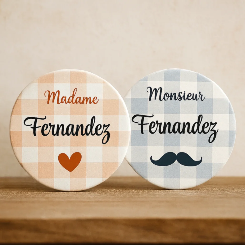 Dessous de Verre en Céramique Personnalisée avec Prénom - Design Nappe À Carreaux