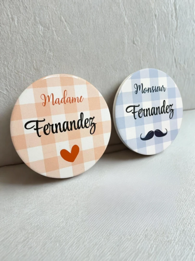 Dessous de Verre en Céramique Personnalisée avec Prénom - Design Nappe À Carreaux