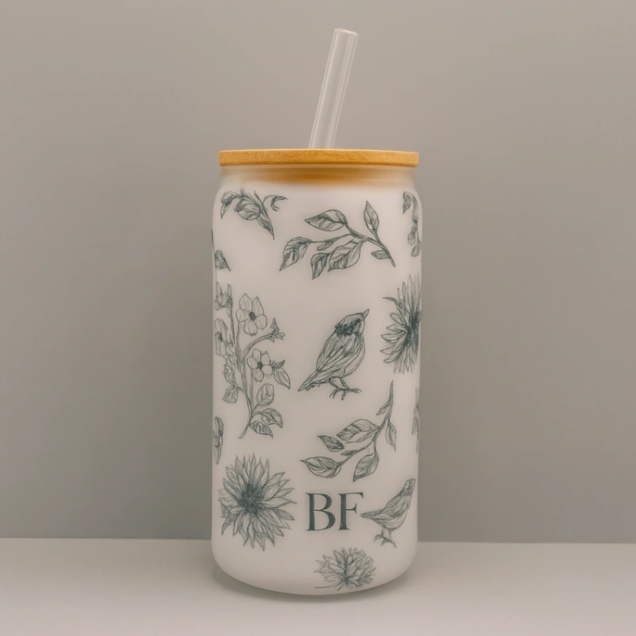 Gobelet en Verre avec Couvercle Bambou et Paille - Personnalisé avec Initiales