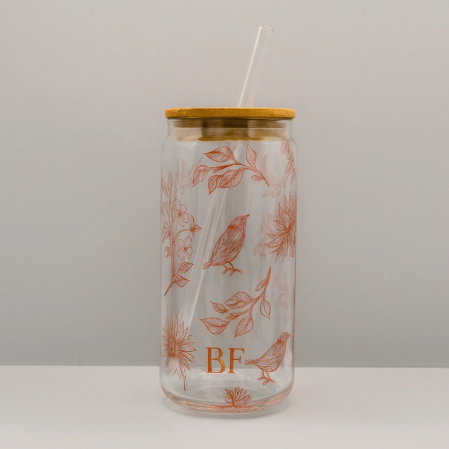 Gobelet en Verre avec Couvercle Bambou et Paille - Personnalisé avec Initiales