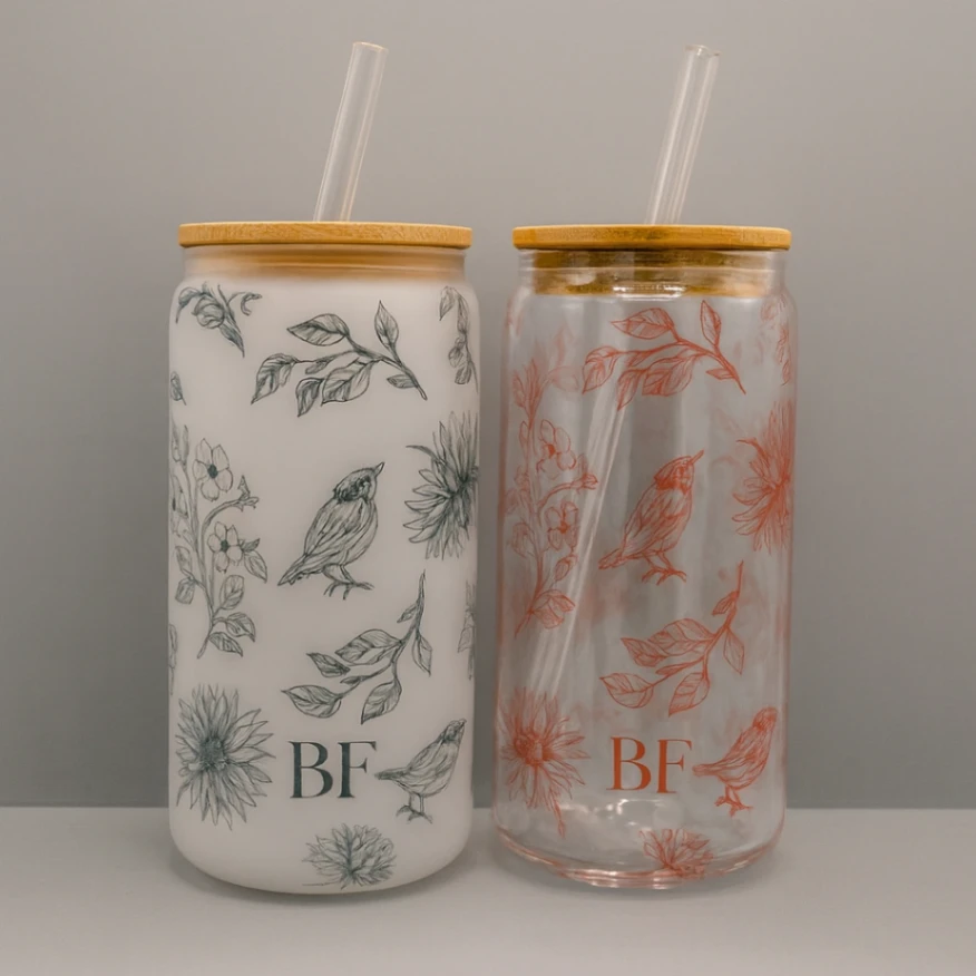 Gobelet en Verre avec Couvercle Bambou et Paille - Personnalisé avec Initiales