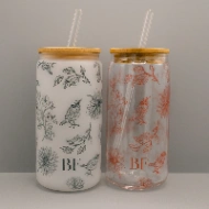 Gobelet en Verre avec Couvercle Bambou et Paille - Personnalisé avec Initiales