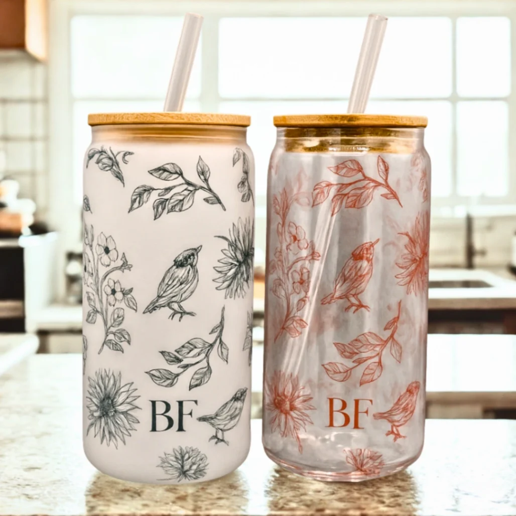 Gobelet en Verre avec Couvercle Bambou et Paille - Personnalisé avec Initiales