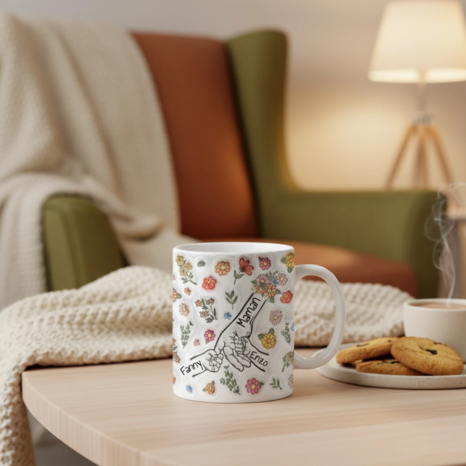 Mug Floral Personnalisé Pour Maman ou Papa - Effet Impression 3D 
