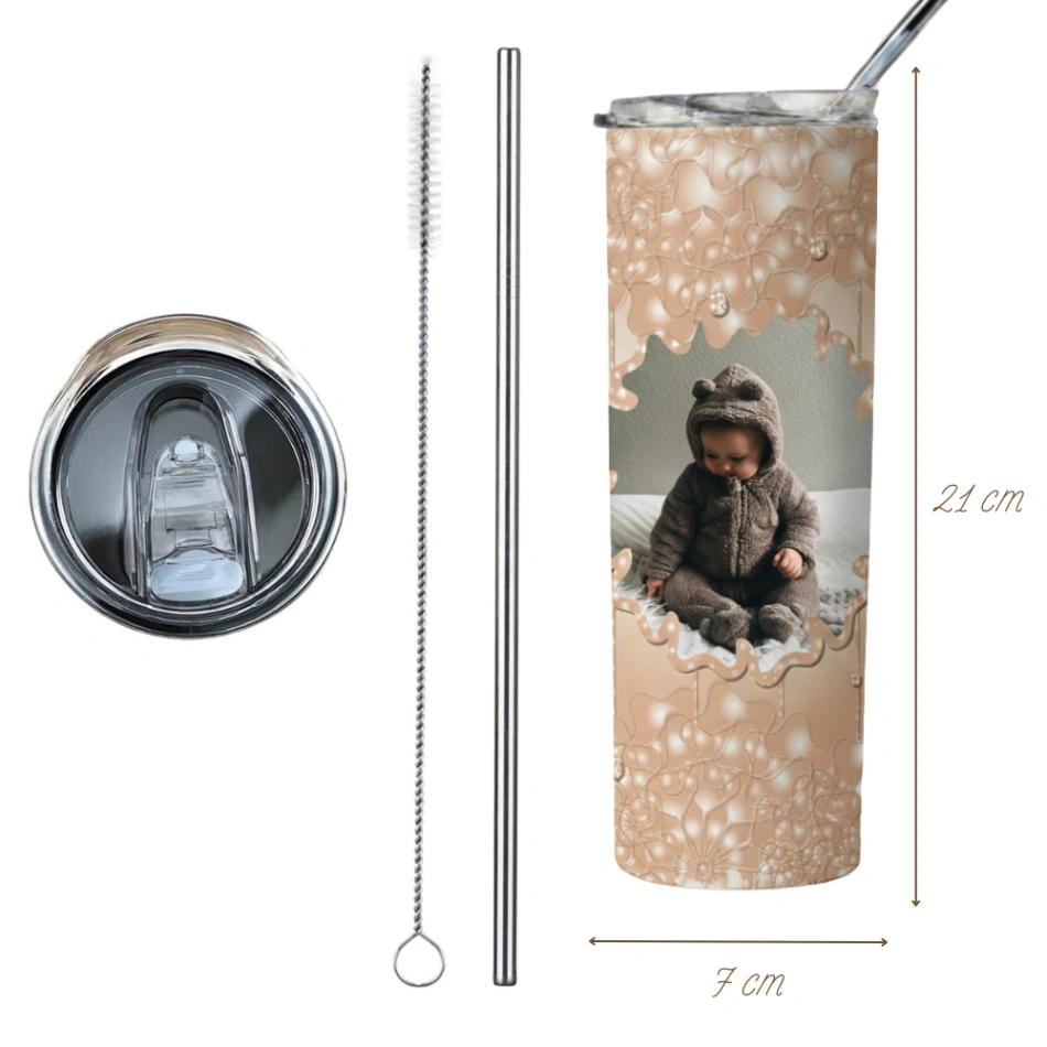 Tumbler Personnalisé avec Photo - Design Dentelle Coulante 3D - Double Paroi Inox, Couvercle & Paille Inclus