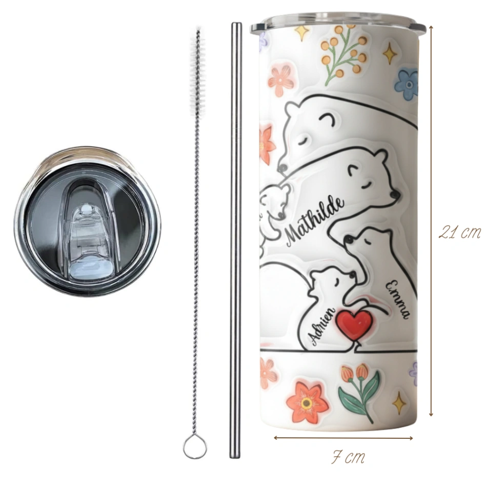 Tumbler Personnalisé Famille d’Ours – Jusqu’à 7 Noms – Gobelet Isotherme Inox avec Couvercle Transparent