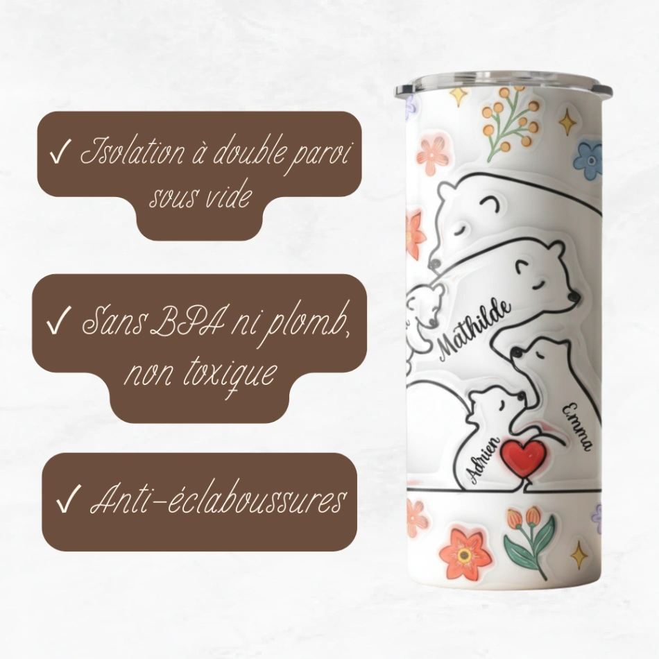 Tumbler Personnalisé Famille d’Ours – Jusqu’à 7 Noms – Gobelet Isotherme Inox avec Couvercle Transparent