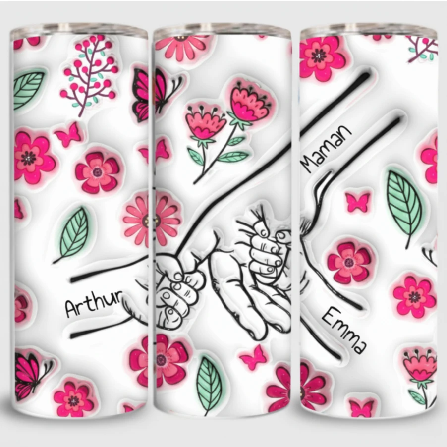 Tumbler Personnalisé Mains de la Famille – Jusqu’à 7 Noms – Gobelet Isotherme Inox avec Couvercle Transparent