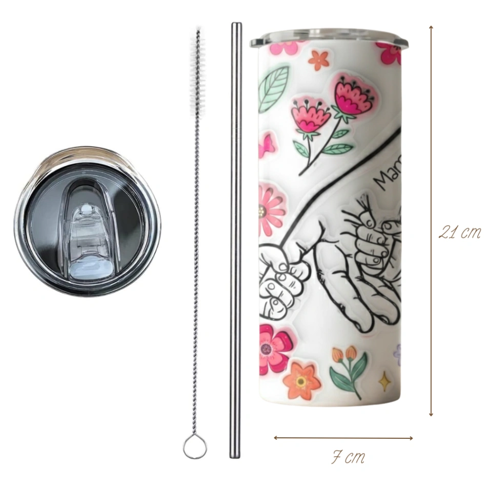 Tumbler Personnalisé Mains de la Famille – Jusqu’à 7 Noms – Gobelet Isotherme Inox avec Couvercle Transparent