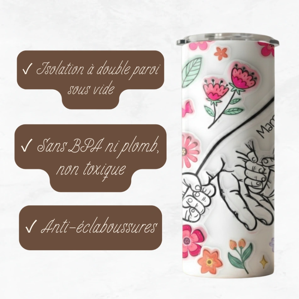 Tumbler Personnalisé Mains de la Famille – Jusqu’à 7 Noms – Gobelet Isotherme Inox avec Couvercle Transparent
