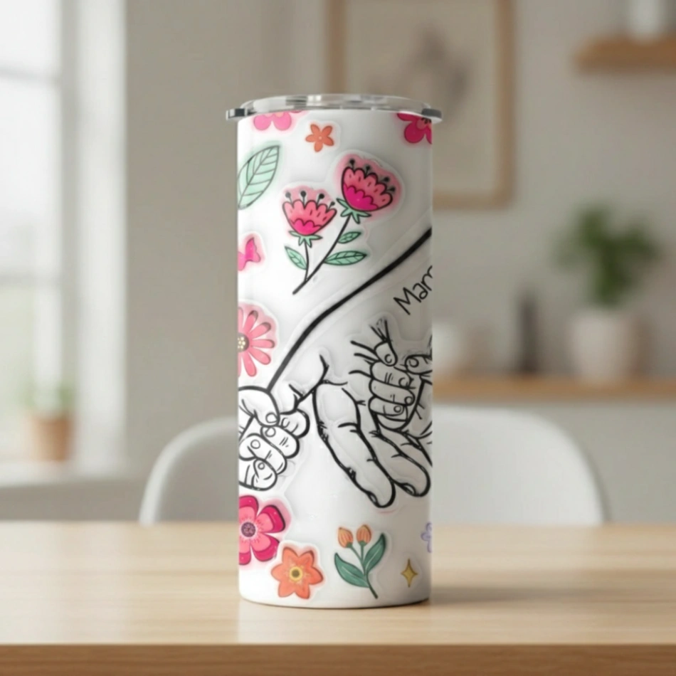 Tumbler Personnalisé Mains de la Famille – Jusqu’à 7 Noms – Gobelet Isotherme Inox avec Couvercle Transparent