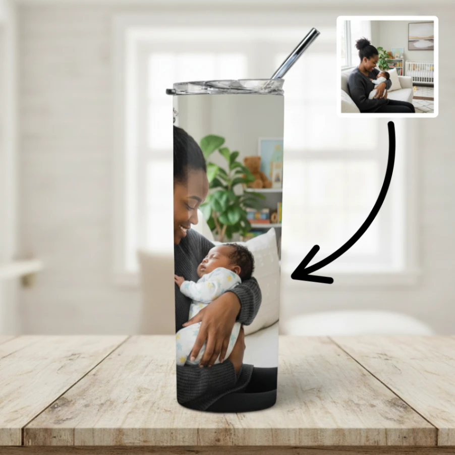 Tumbler Personnalisé avec Photo – Double Paroi Inox, Couvercle & Paille Inclus