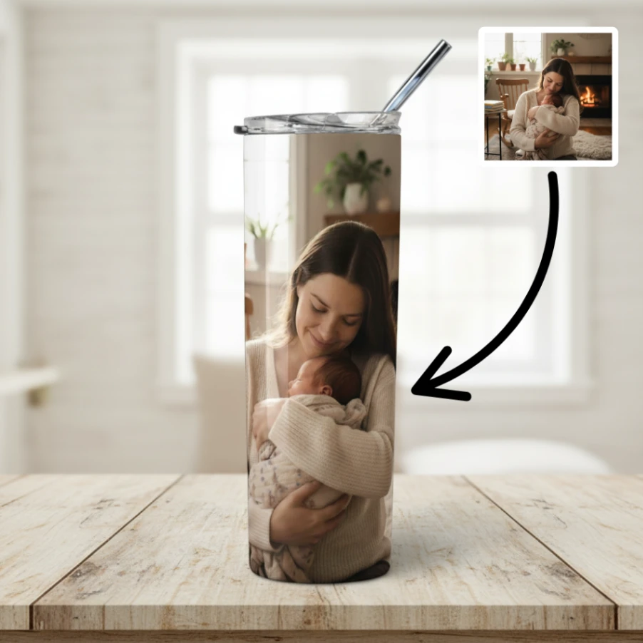 Tumbler Personnalisé avec Photo – Double Paroi Inox, Couvercle & Paille Inclus