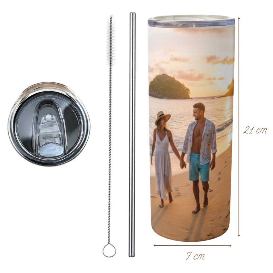 Tumbler Personnalisé avec Photo – Double Paroi Inox, Couvercle & Paille Inclus