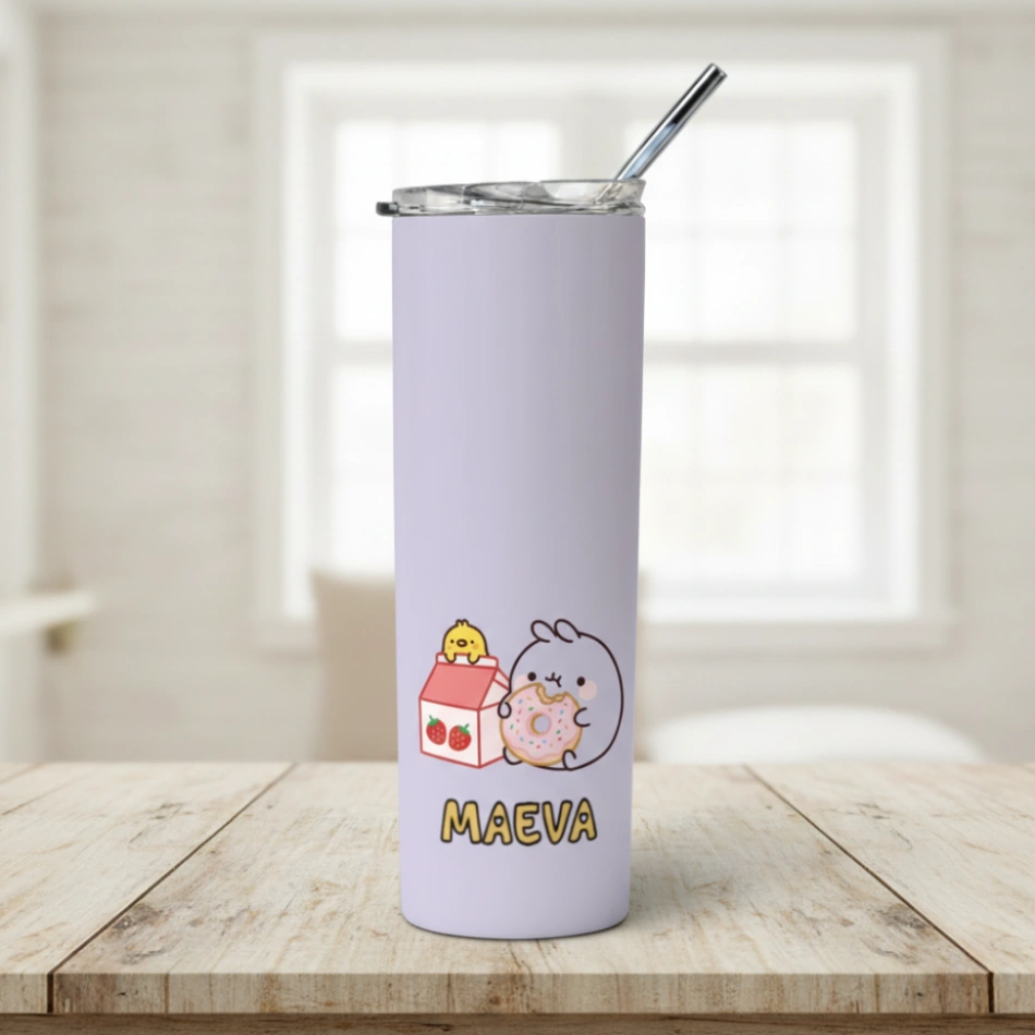 Tumbler Personnalisé avec Prénom – Design Kawaii - Double Paroi Inox, Couvercle & Paille Inclus