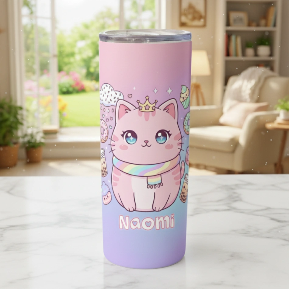 Tumbler Personnalisé avec Prénom – Design Kawaii - Double Paroi Inox, Couvercle & Paille Inclus