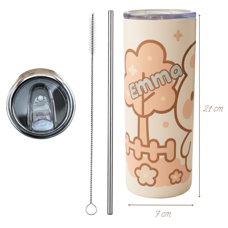 Tumbler Personnalisé avec Prénom – Design Kawaii - Double Paroi Inox, Couvercle & Paille Inclus