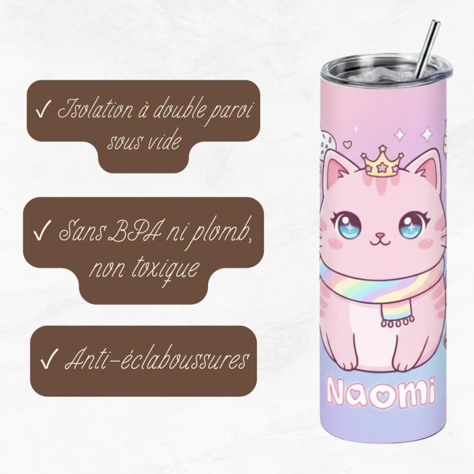 Tumbler Personnalisé avec Prénom – Design Kawaii - Double Paroi Inox, Couvercle & Paille Inclus