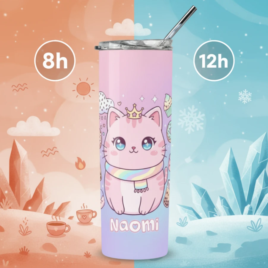Tumbler Personnalisé avec Prénom – Design Kawaii - Double Paroi Inox, Couvercle & Paille Inclus